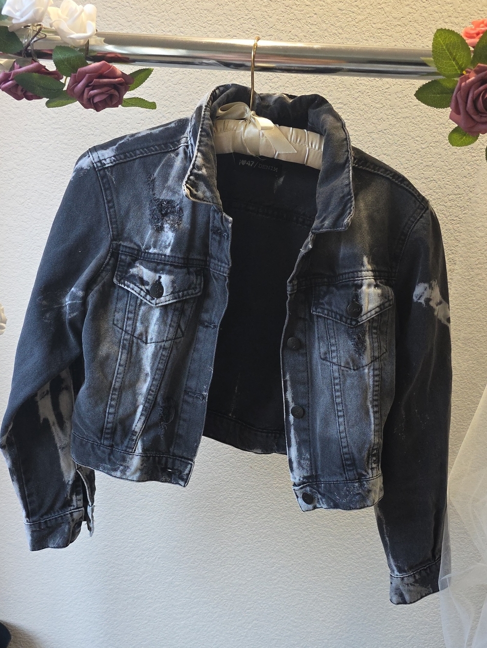 I Love  47 Cropped Washed Black Denim Jacket